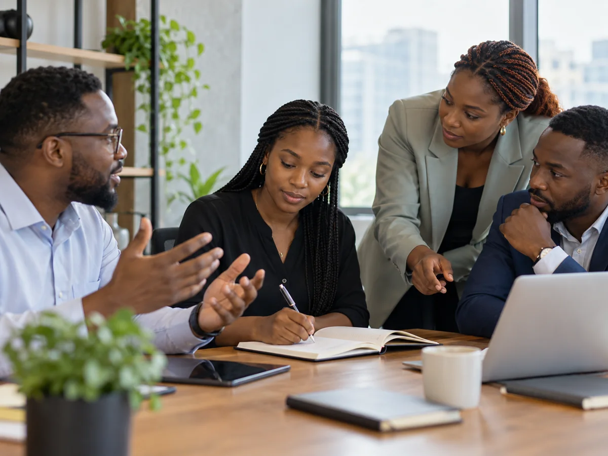 Corporate colleagues discussing notes around a table