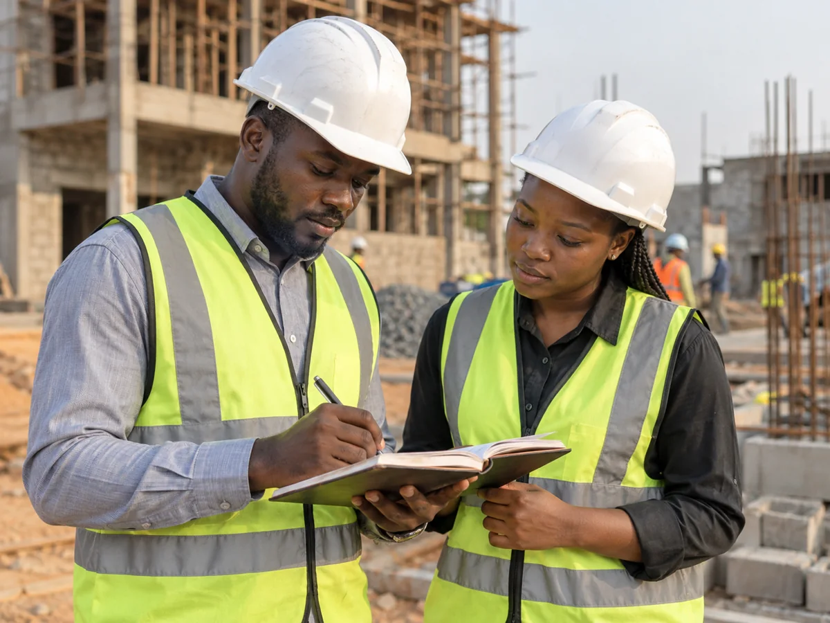 Field team recording observations at a building site