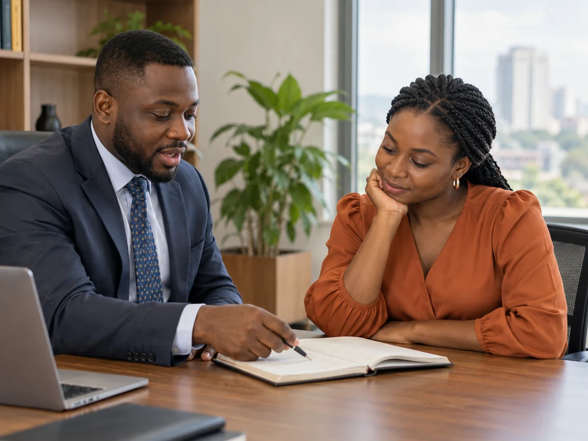 Professional adviser and client reviewing notes