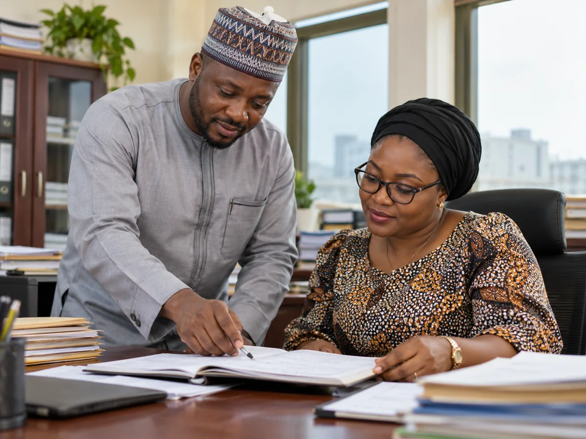 Public sector colleagues reviewing a notebook